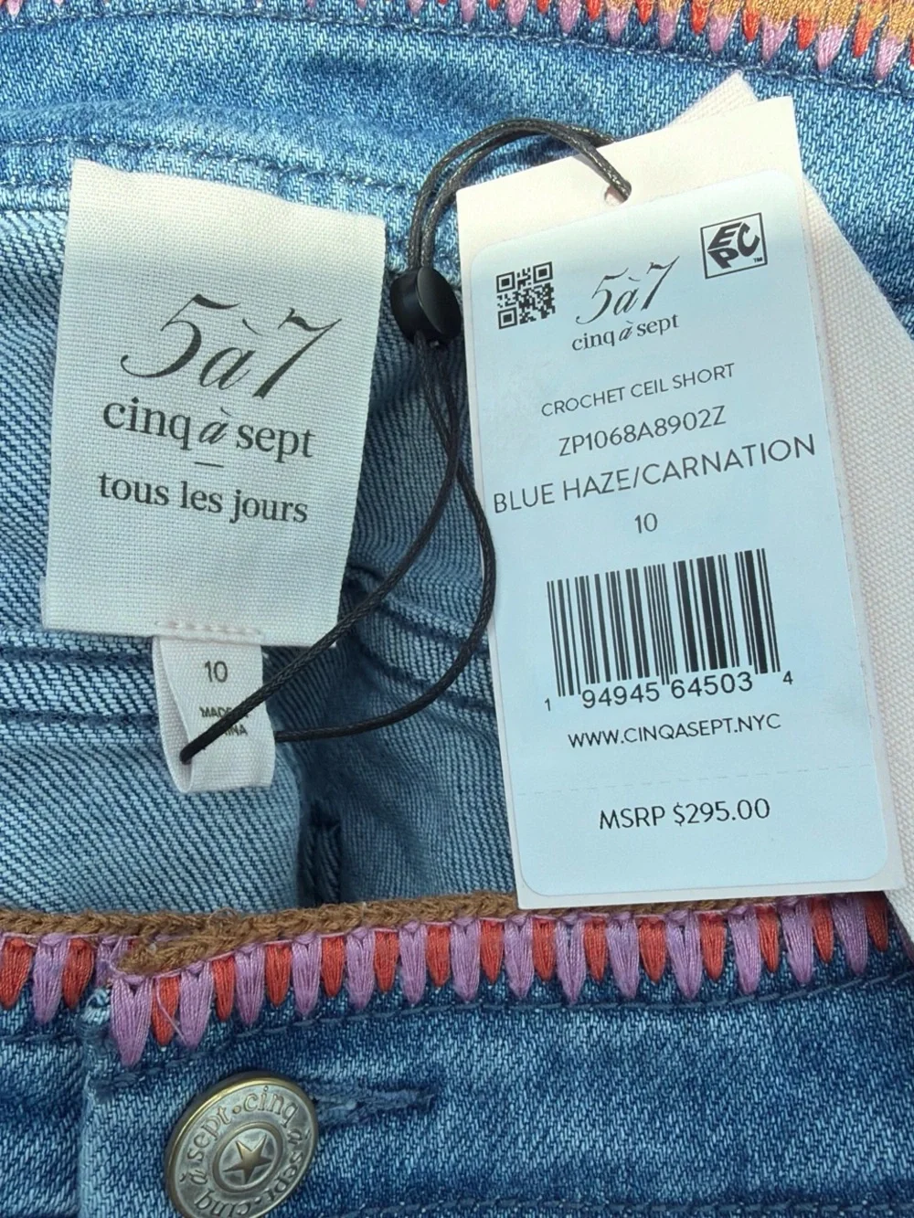 cinq a sept Blue Denim High-Waist Shorts with Pink Trim - Picture 3 of 3